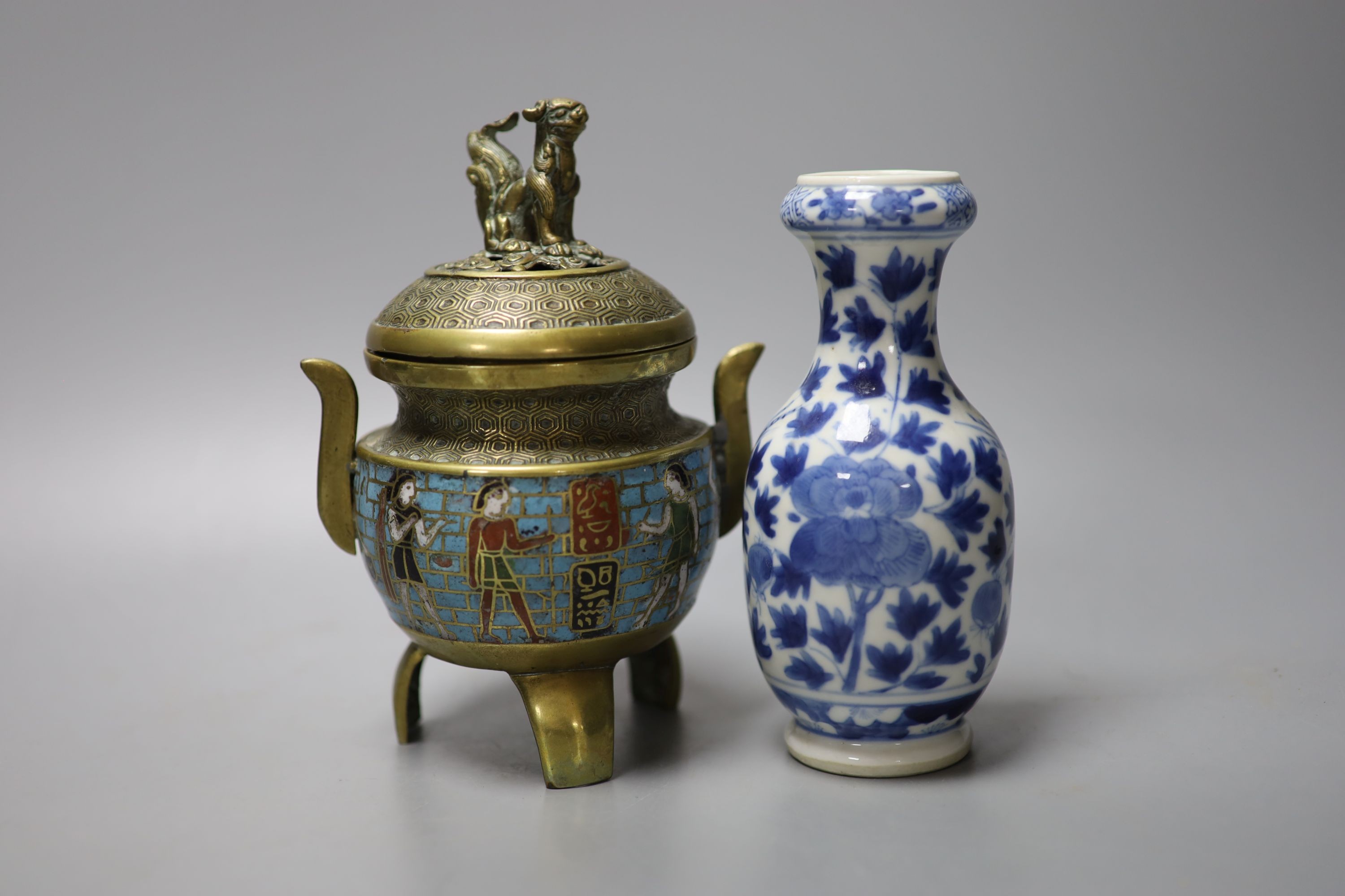 A group of Chinese porcelain, 19th /20th century, to include a pair of yellow ground bowls, 10.8 cm diameter, a blue and white vase, Xuande mark, a similar bowl and vase, and a champleve enamel bronze koro and cover